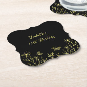 Dessous-de-verre En Papier Mariage romantique élégant or floral noir