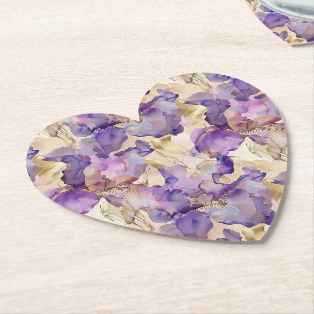 Dessous-de-verre En Papier Mariage Romantique Fleur d'Iris Violet Or Shower (Incliné)