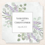 Dessous-de-verre En Papier Mariage rustique Lavande & Eucalyptus élégant<br><div class="desc">Ces beaux dessous de verre en papier ajouteront une touche spéciale à votre réception, à votre dîner de répétition ou à d'autres célébrations mariages. Elles sont décorées d'une aquarelle peinte à la main avec vos noms et la date mariage à l'intérieur d'un cadre blanc sur un arrière - plan bleu...</div>