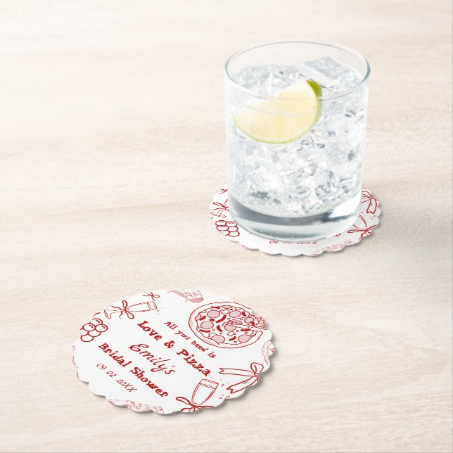 Dessous-de-verre En Papier Mariage thème pizza et amour dessinés à la main (En situation)
