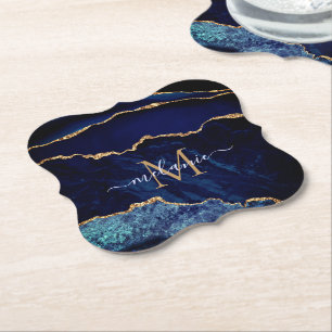 Dessous-de-verre En Papier Marine Blue Gold Monogramme Nom Dessous de verre p