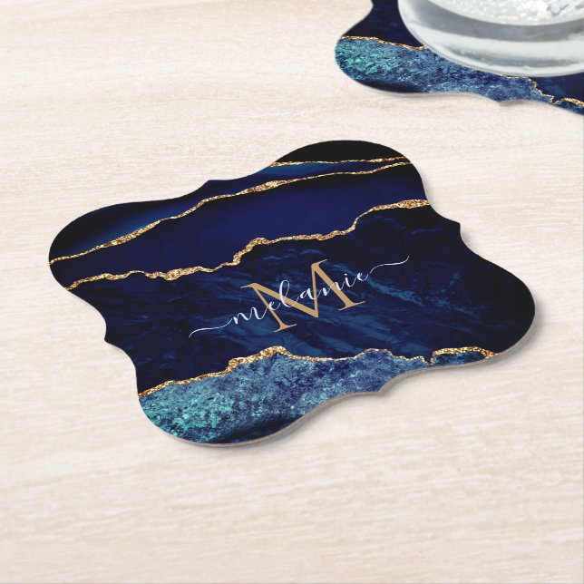 Dessous-de-verre En Papier Marine Blue Gold Monogramme Nom Dessous de verre p (Incliné)
