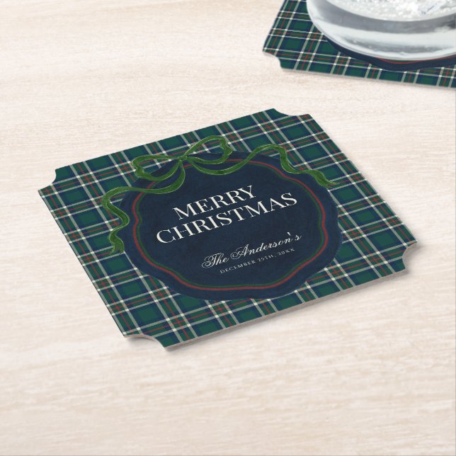 Dessous-de-verre En Papier Merry Christmas Classic Preppy Tartan Plaid (Incliné)