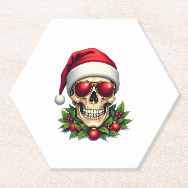 Dessous-de-verre En Papier Merry Christmas Sugar Skull Santa Hat Family Xmas  (Devant)