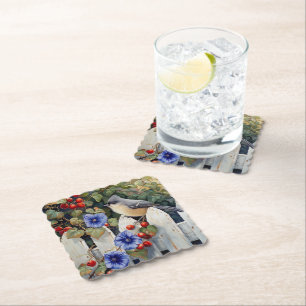Dessous-de-verre En Papier Mésange sur une clôture blanche à pickets, volubil