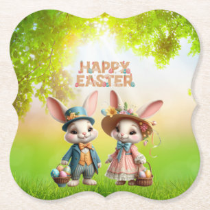 Dessous-de-verre En Papier Mignonne, Whimsical Joyeuse Pâques avec 2 lapins