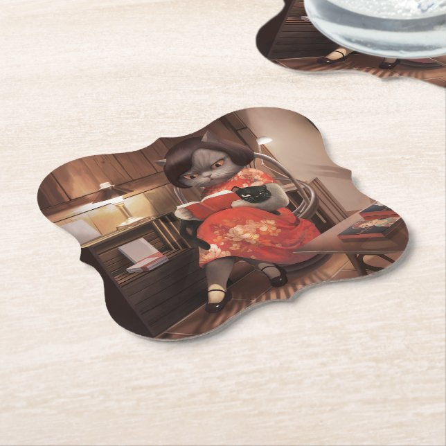 Dessous-de-verre En Papier Miss Meow - Heure Vintage de lecture de chats (Incliné)