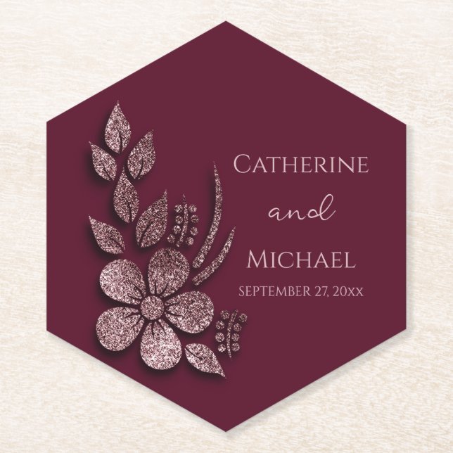 Dessous-de-verre En Papier Modern Elegant Rose Gold Glitter Floral & Burgundy (Devant)