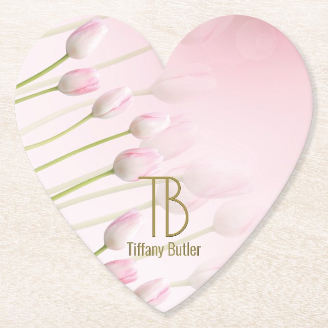 Dessous-de-verre En Papier Moderne Élégant Monogramme Powder Pink Tulips Part (Devant)