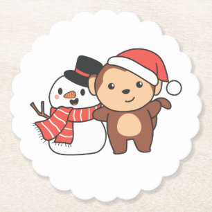 Dessous-de-verre En Papier Monkey With Snowman In Winter For Christmas
