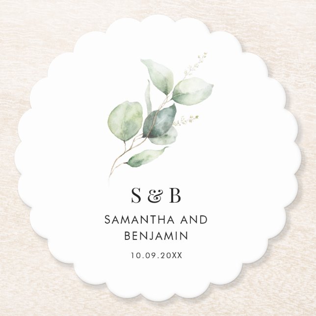 Dessous-de-verre En Papier Monogramme botanique Eucalyptus Mariage minimalist (Devant)