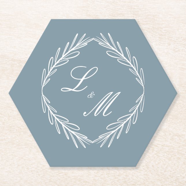 Dessous-de-verre En Papier Monogramme de branche de script Bleu Poussiéreux M (Devant)