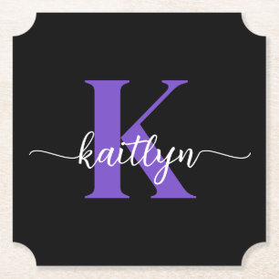Dessous-de-verre En Papier Monogramme de script violet noir