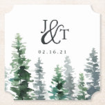 Dessous-de-verre En Papier Monogramme et date du Mariage de bois<br><div class="desc">Ajoutez un charme personnalisé à votre heure de cocktail mariage ou à votre réception avec ces dessous de verre chic boisés. Le design comprend vos initiales jointes par une esperluette décorative, avec votre date de mariage en dessous, et une rangée de pins d'aquarelle dans les tons hivernaux de chasser vert...</div>