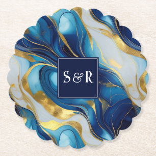 Dessous-de-verre En Papier Monogramme Faux Mariage marbré or, bleu et blanc