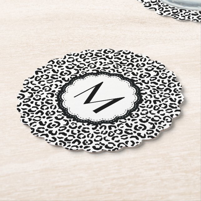 Dessous-de-verre En Papier Monogramme Léopard Noir et Blanc (Incliné)