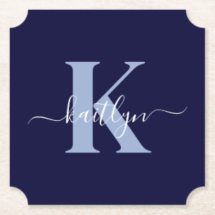 Dessous-de-verre En Papier Monogramme Moderne en Écriture Manuscrite Bleu Nui