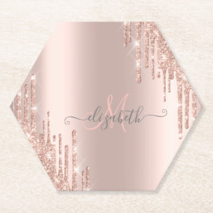 Dessous-de-verre En Papier Monogramme Rose Gold à Gouttes Brillantes Modernes