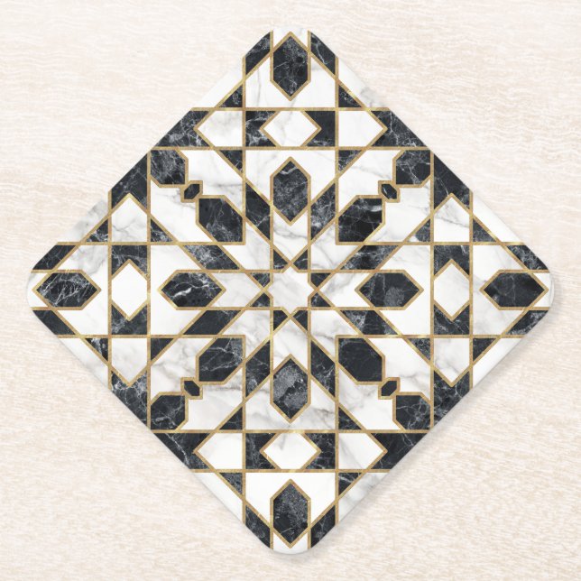Dessous-de-verre En Papier Mosaïque marocaine noire et Marbre blanc (Devant)