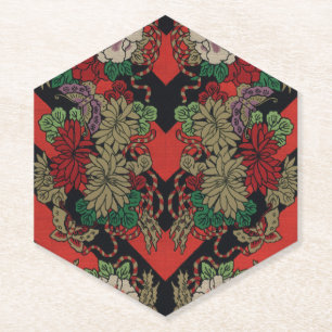 Dessous-de-verre En Papier Motif floral japonais vintage pivoine rouge noir