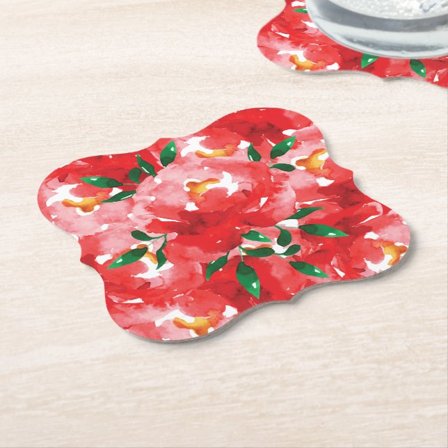 Dessous-de-verre En Papier Motif Floral Roses Rouges (Incliné)