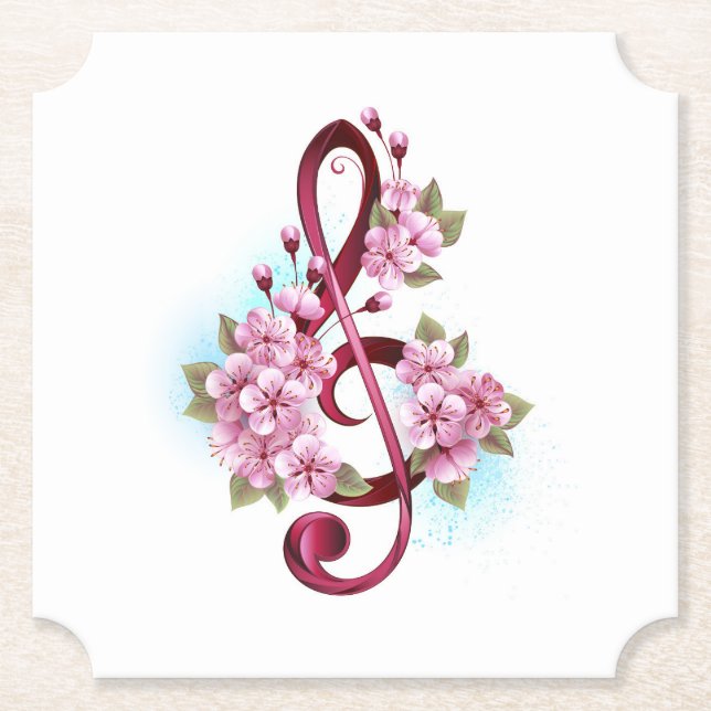 Dessous-de-verre En Papier Musical treble clef notes with sakura flowers (Devant)