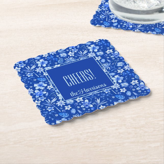 Dessous-de-verre En Papier Name, Cobalt Blue Tropical Flowers & Leaves (Incliné)