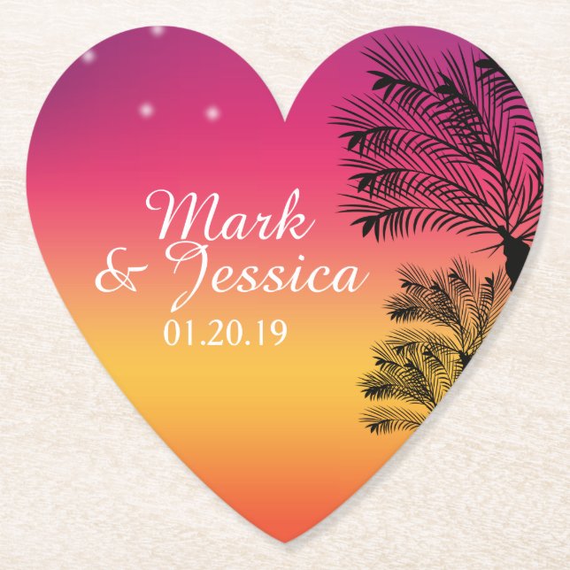 Dessous-de-verre En Papier Neon Pink Ombre Tropical Tree Sunset Beach (Devant)