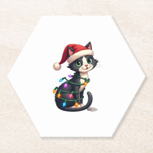 Dessous-de-verre En Papier Noël Chat Tuxedo chat noir xmas lumières kitty c