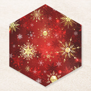 Dessous-de-verre En Papier Noël Golden Snowflakes sur Arrière - plan rouge