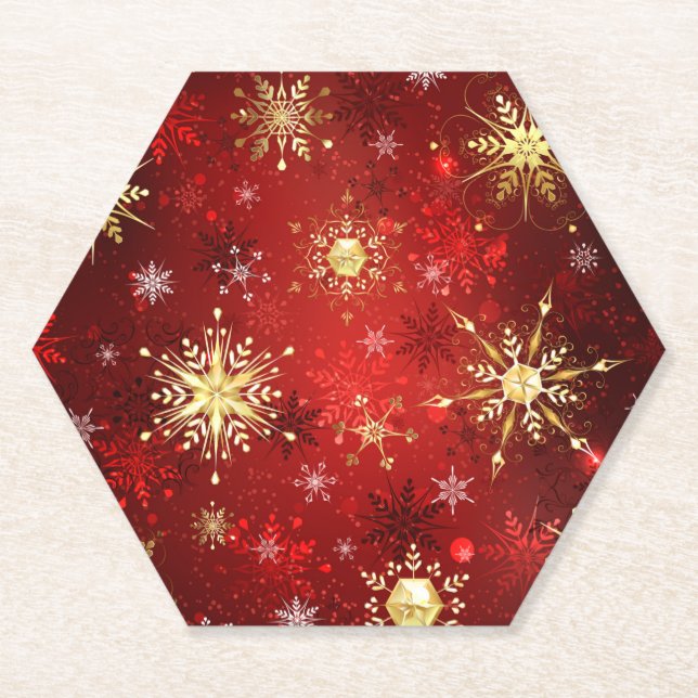 Dessous-de-verre En Papier Noël Golden Snowflakes sur Arrière - plan rouge (Devant)