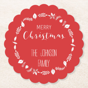 Dessous-de-verre En Papier Noël Rouge Avec Décor Feuille Blanc