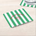 Dessous-de-verre En Papier Noël Sur La Plage Custom Green Cabana Stripe<br><div class="desc">Ces dessous de verre sont parfaits pour vos fêtes de Noël, fêtes et rassemblement à votre maison de plage ou sur la plage... Bandes de cabane vert avec logo de plage personnalisé rouge. Personnalisez avec l'emplacement de la plage et l'année. L'ajout parfait à vos réunions de Noël ! Accessoires correspondants...</div>