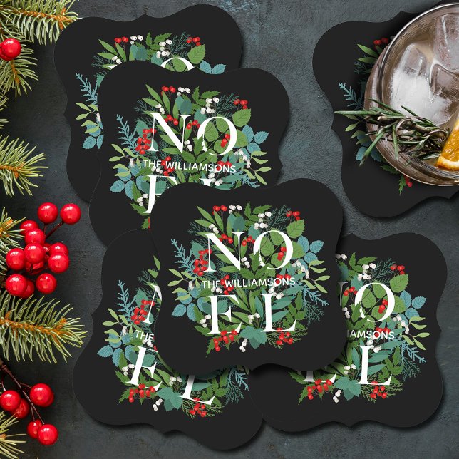 Dessous-de-verre En Papier NOEL Vacances vertes Noir (NOEL winter greenery and berries on black holiday bracket paper coasters)