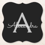 Dessous-de-verre En Papier Noir Argent moderne Script Girl Monogramme Nom<br><div class="desc">Dessous de verre en papier noir et argent simple Script Monogramme Nom. Cela fait le cadeau parfait de remise de diplômes,  anniversaire,  mariage,  douche nuptiale,  anniversaire,  baby shower ou bachelorette pour quelqu'un qui aime le luxe glam et les styles chic.</div>