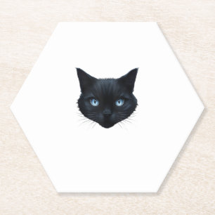 Dessous-de-verre En Papier Noir Chat Visage Bleu Yeux Graphique Tee Chat Homm
