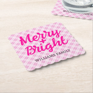 Dessous-de-verre En Papier Nom de famille Merry Bright Noël tartan rose