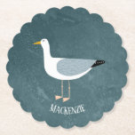 Dessous-de-verre En Papier Nom de mouette mignonne<br><div class="desc">Une mouette cheeky debout au bord de l'océan vert profond. Idéal pour les amateurs d'oiseaux sadiques et de la côte. Personnalisez en modifiant ou en supprimant le nom.</div>