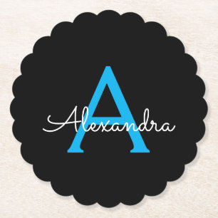 Dessous-de-verre En Papier Nom du monogramme de la fille en noir bleu