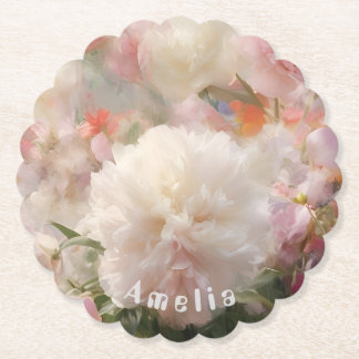 Dessous-de-verre En Papier Nom Peinture Aquarelle Pivoines Blanches et Roses