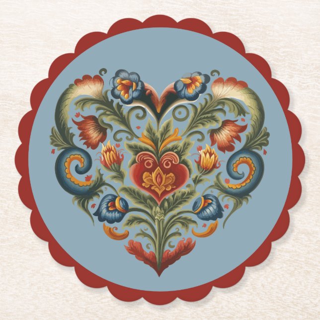Dessous-de-verre En Papier Norvégien Rosemaling Folk Art Heart (Devant)