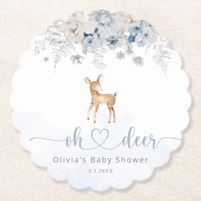 Dessous-de-verre En Papier Oh cerf hiver bleu garçon baby shower (Devant)