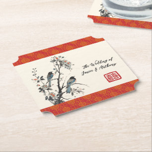 Dessous-de-verre En Papier Oiseau à fleurs rouges mariage oriental chinois