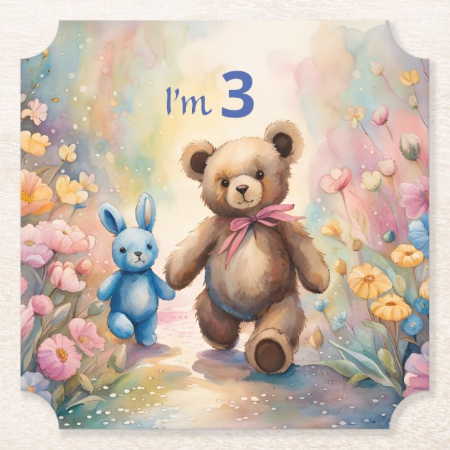 Dessous-de-verre En Papier Ours en peluche et lapin dans un jardin pastel (Devant)