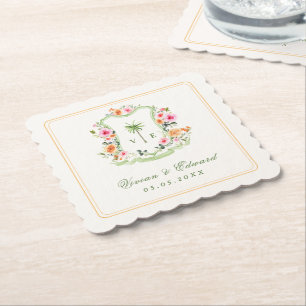 Dessous-de-verre En Papier Palmier tropical Monogramme Mariage d'été sur la p