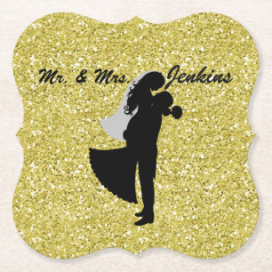 Dessous-de-verre En Papier Parties scintillant Silhouette Bride & Groom Gold 
