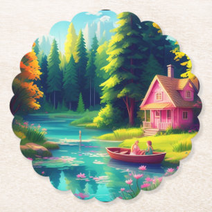 Dessous-de-verre En Papier Paysage Naturel Avec Cottage Rose-68486