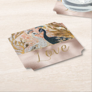 Dessous-de-verre En Papier Peacocks Gold Parties scintillant Love Rose Mariag