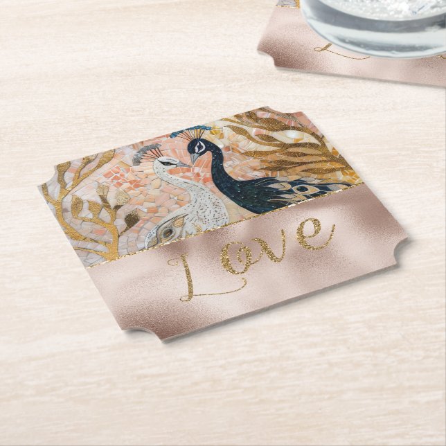 Dessous-de-verre En Papier Peacocks Gold Parties scintillant Love Rose Mariag (Incliné)