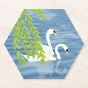Dessous-de-verre En Papier Peinture Couple bleu et vert de cygnes sur le lac